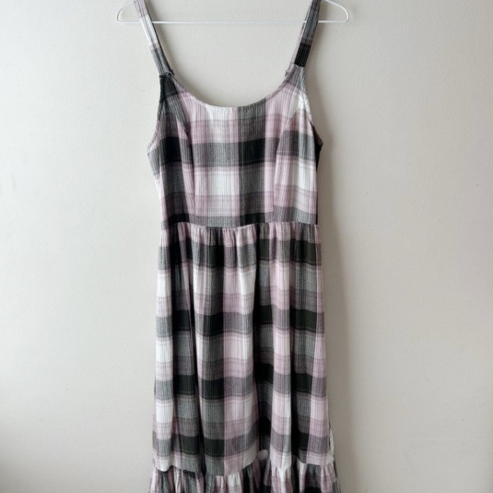 Sonoma Plaid Sleeveless Tiered Ruffle Hem Midi Dress Size L EUC